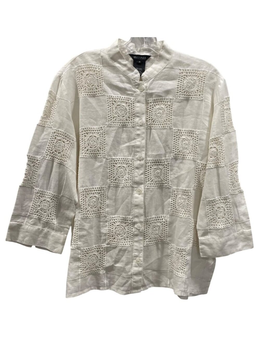 Multiples Linen Button Up Crochet Granny Square Shirt M White Boho Cottagecore